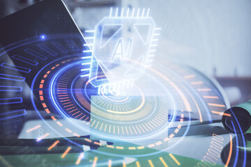 Technology theme drawing and table with computer. Double exposure. Concept of information.