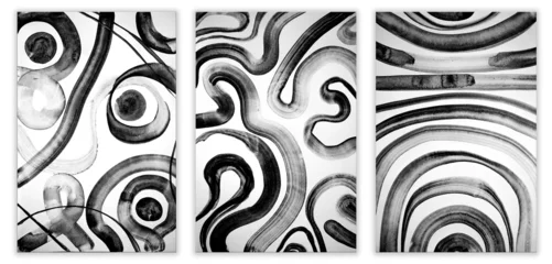 Abstract hand-painted background with grunge black inks brushstrokes. Minimalistic design of simple lines and elements. Modern print. Set of three. © Екатерина Птушко