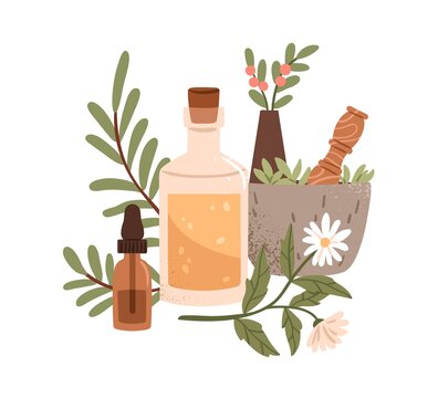 Aromatic herbs and herbal medicinal elixirs in bottles. Flowers, floral plants, leaf in mortar with pestle. Alternative natural essences. Flat graphic vector illustration isolated on white background