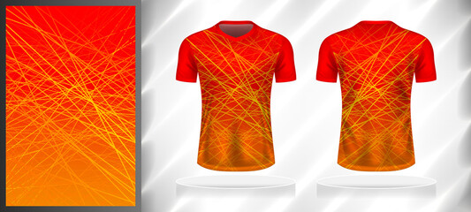 Vector sport pattern design template for T-shirt front and back view mockup. Orange-red-yellow color gradient geometric dot line texture background illustration.