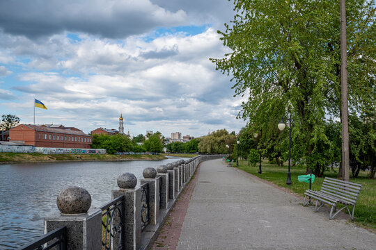 Kharkiv embankment of the Lopan River in the city center. Spring 2022.  Ukraine