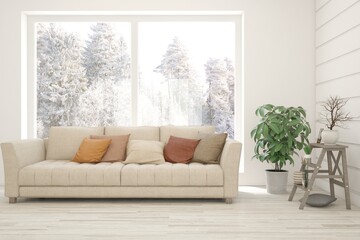 White living room with sofa and winter landscape in window. Scandinavian interior design. 3D illustration