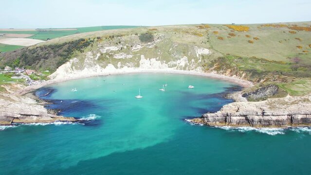 Aerial view of Lulworth Cove in Dorset, England, UK