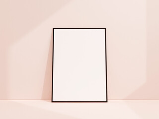 Clean and minimalist front view portrait black photo or poster frame mockup leaning against white wall. 3d rendering.
