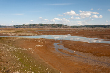 Stream, stones and muds of dry Nisqually river estuary in the Billy Frank Jr. Nisqually National Wildlife Refuge, WA, USA