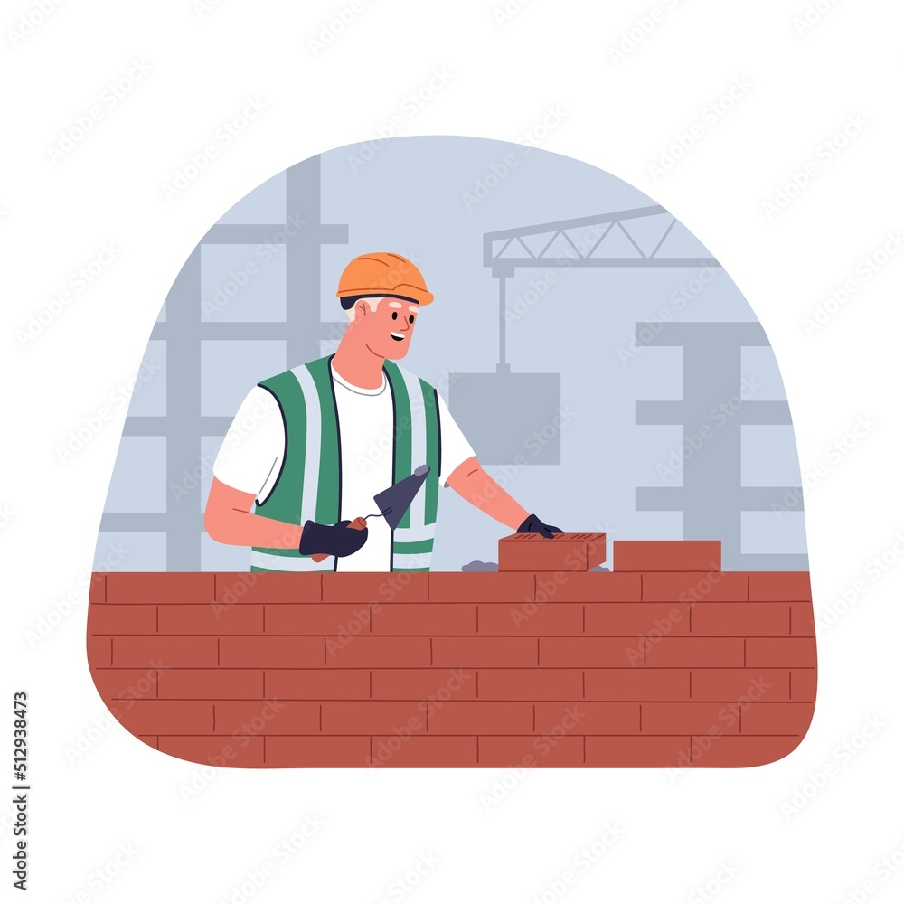 Poster builder worker laying brick wall of new house building at construction site. bricklayer in helmet wo