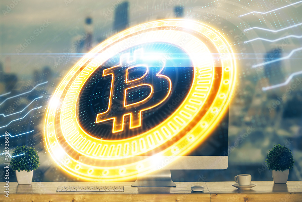 Poster Multi exposure of blockchain theme hologram and table with computer background. Concept of bitcoin crypto currency.