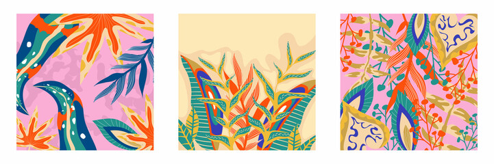 Trendy aestethic boho jungle set flyer. Abstract trendy exotic floral jungle background. Design template. Abstract nature background. Tropical foliage art cover vector. © Анжелика Полтавец