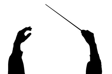 Silhouette of music conductor hands with stick on white background - obrazy, fototapety, plakaty