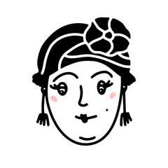 Doodle pretty woman face. Hand-drawn outline human isolated on white background. Funny wife in a turban. Cartoon mother. Female portrait. Retro earrings, positive emotions, makeup. Vector illustration