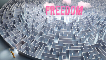Freedom and a difficult path, confusion and frustration in seeking it, hard journey that leads to Freedom,3d illustration