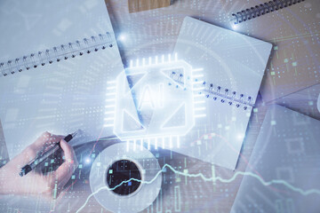 Multi exposure of woman's writing hand on background with data technology hud. Concept of innovation.