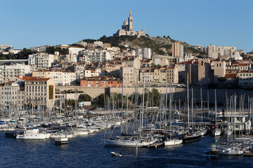 Marseille old harbour and Notre Dame de la Garde basilica. France. 12.06.2017