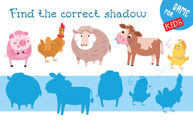 Find correct shadow. Game for children. Farm animals in cartoon style. Activity, vector illustration. 