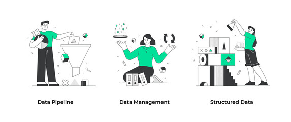 Data management. People collect, catalog and structure data. Set of data science concepts. Concept scenes for visual storytelling