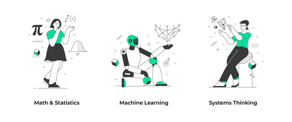 Systems thinking. People use math and statistics for machine learning and decision making. Set of data science concepts. Concept scenes for visual storytelling