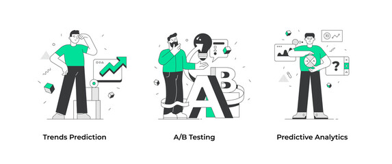 Predictive analytics. People make and test predictions. Trends , A-B testing and  analytics. Set of data science illustrations. Concept scenes for visual storytelling