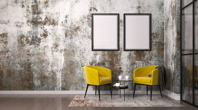 Stylish interior design  3d rendering. Decorative plaster finish, wooden parquet, two yellow armchairs with a table, composition of books, picture frames, mock up
