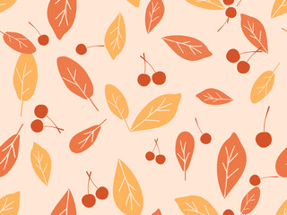 Seamless pattern with autumn leaves and red berries on retro color background vector illustration.