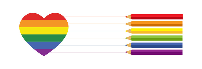 Pride with a heart and Colored Pencils shape, rainbow color. LGBT pride symbol concept