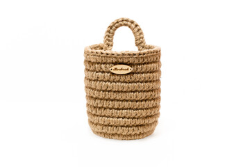 jute wicker basket isolated on white background, eco friendly container for home and interior,