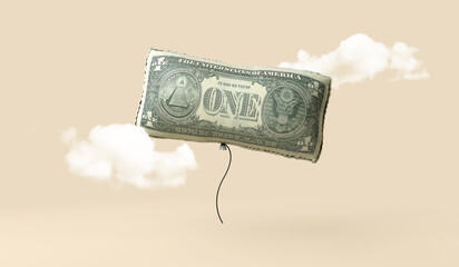 Inflated one dollar bill balloon. Economic inflation concept. 3D Rendering - obrazy, fototapety, plakaty