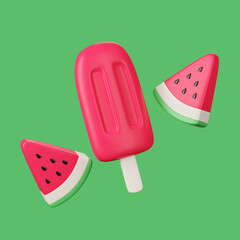 3D render of watermelon popsicle isolated on green. Clipping path.