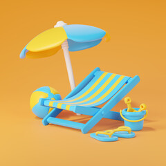 3d render of beach chair with umbrella and inflatable ball, Summer concept.
