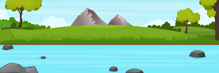 Landscape with river flowing through hills, scenic green forest and mountains. scene with river vector illustratio