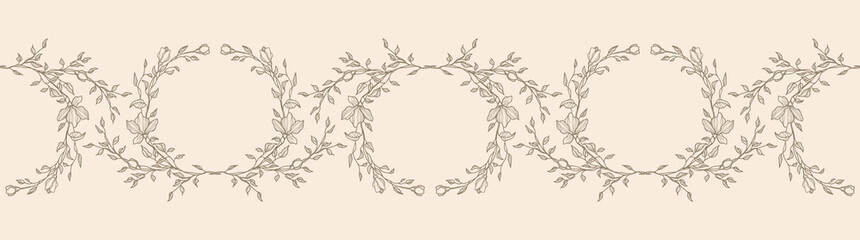 Hand drawn line floral seamless border. Elegant vintage wreath horizontal pattern. Vector botanical illustration for invitation, greeting, card, cover, packaging, poster