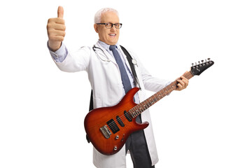 Cheerful male doctor with an electric guitar showing thumbs up