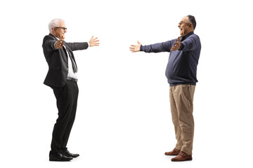 Mature men greeting each other with arms wide open