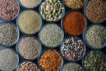 Assortment of aromatic spices, seeds and dry herbs for cooking food