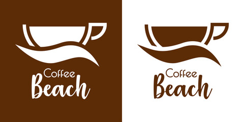 Banner con texto manuscrito Coffee Beach. Logo beach bar. Vector con silueta de taza de café con olas. Fondo marrón y fondo blanco
