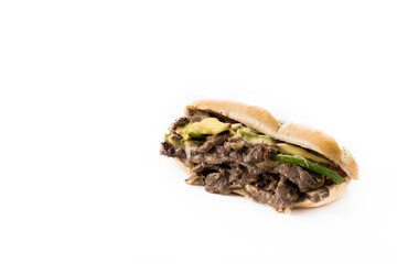 Philly cheesesteak sandwich with beef, cheese,green pepers and caramelized onion isolated on white...