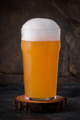 a glass of cold light beer in a mug on a dark background