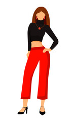 Female model in red crop top and red pants semi flat color vector character. Standing figure. Full body person on white. Simple cartoon style illustration for web graphic design and animation