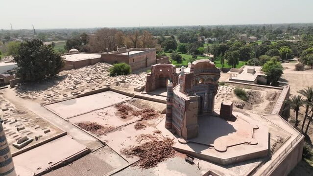Aerial rotating shot of UCH Sharif.  A Beautiful View of Uch Sharif.  Uch Sharif The City Of Saints