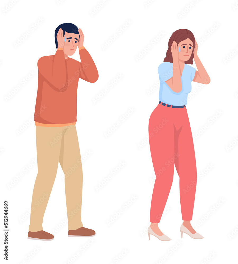 Poster people covering ears during panic attacks semi flat color vector character set. editable figures. se