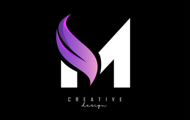 Fototapeta premium Vector illustration of abstract letter white M with pink leaf, eco, natural design. Letter M logo with creative cut and shape.