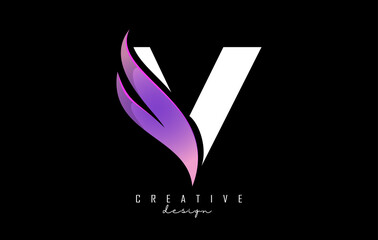 Vector illustration of abstract letter white V with pink leaf, eco, natural design. Letter V logo with creative cut and shape.