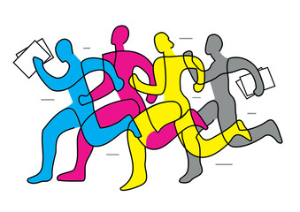 Fototapeta na wymiar Running people, cmyk colored, printer team, line art. Illustration of runners symbolizing fast color printing. Concept for presenting of color print. Vector available.