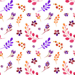 Delicate floral pattern. Seamless watercolor image of purple and orange shades.