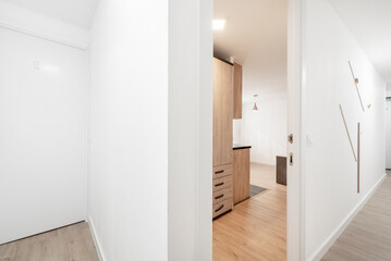 Fototapeta na wymiar Distributor hallways of a residential home with oak flooring and matching furniture