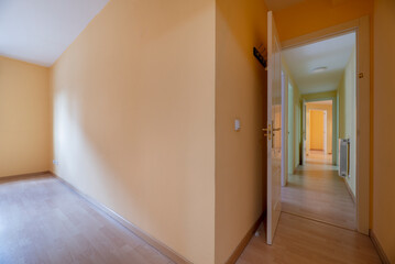 Empty room and distributor hall with oak parquet flooring, wooden doors and access to several rooms