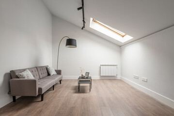 Living room of a house with sloping ceilings, skylights and a three-seater sofa in gray fabric and...