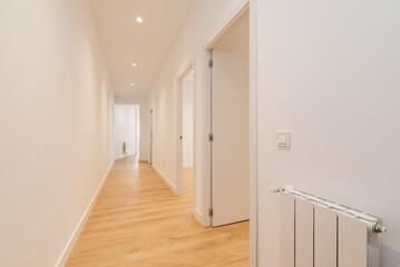 Long corridor of a house with light oak flooring with access doors to different rooms