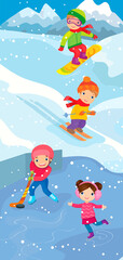 Kids playing winter sport games in mountains