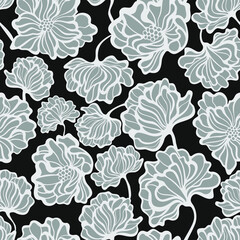 Seamless vintage pattern with flowers. Black monochrome background with flower silhouettes