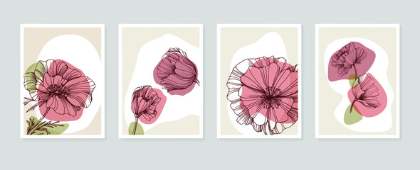 Poppy Abstract Hand Painted Illustrations for Wall Decoration, Postcard, Social Media Banner, Brochure Cover Design Background. Modern Abstract Painting Artwork. Vector Pattern